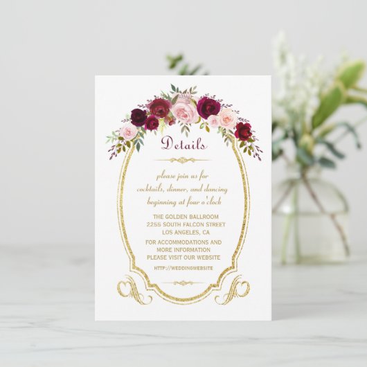 シックブルガンディマルサラフローラ秋の結婚式詳細 招待状 (スタンド正面)