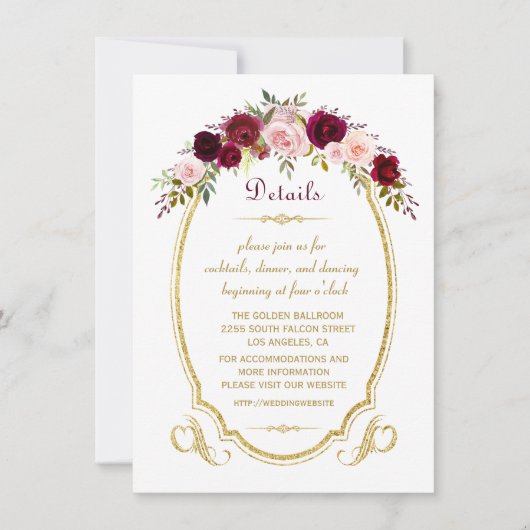 シックブルガンディマルサラフローラ秋の結婚式詳細 招待状 (正面)