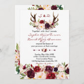 シックブルガンディマルサラフローラ〔雄ジカの〕枝角結婚ズ 招待状 (正面/裏面)