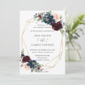 シックブルゴーニュ海軍赤面フローラ結婚ズジオメトリック 招待状 (スタンド正面)