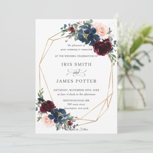 シックブルゴーニュ海軍赤面フローラ結婚ズジオメトリック 招待状 (スタンド正面)