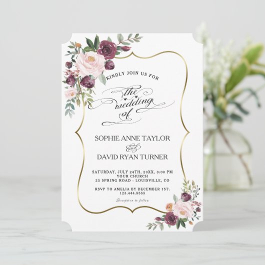 シックブルゴーニュ赤面アイボリーフローラ結婚マルーン 招待状 (スタンド正面)