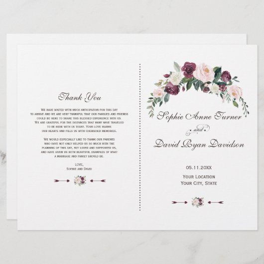 シックブルゴーニュ赤面アイボリーフローラ結婚式 プログラム (正面/裏面)