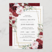 シックブルゴーニュ赤面プオーニーフローラ幾何学模様 招待状 (正面/裏面)