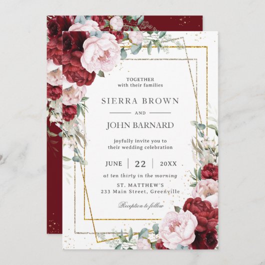 シックブルゴーニュ赤面プオーニーフローラ幾何学模様 招待状 (正面/裏面)