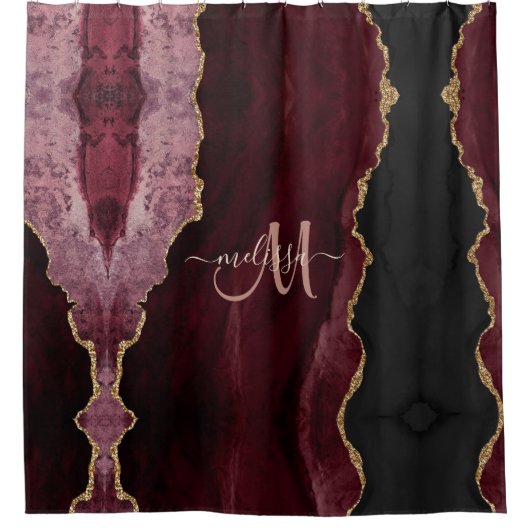 シックブルゴーニュ金ゴールドグリッターアゲートカスタムモノグラム シャワーカーテン (正面)