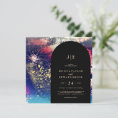 シックブルゴーニュ金ゴールドブルーボタニカルスクエア結婚ズ 招待状 (スタンド正面)