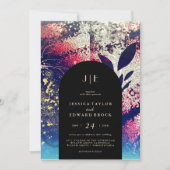 シックブルゴーニュ金ゴールドブルーボタニカル抽象芸術結婚ズ 招待状 (正面)