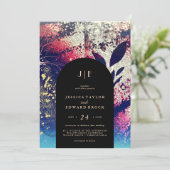 シックブルゴーニュ金ゴールドブルーボタニカル抽象芸術結婚ズ 招待状 (スタンド正面)