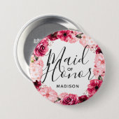 シックブルゴーニュ&ピンクフローラリースメイド・オブ・オーナー(花嫁付き添い人) 缶バッジ (正面&裏面)