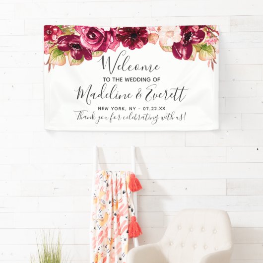 シックブルゴーニュ&赤面ピンクフローラ結婚ズウェルカム 横断幕 (インサイチュ)
