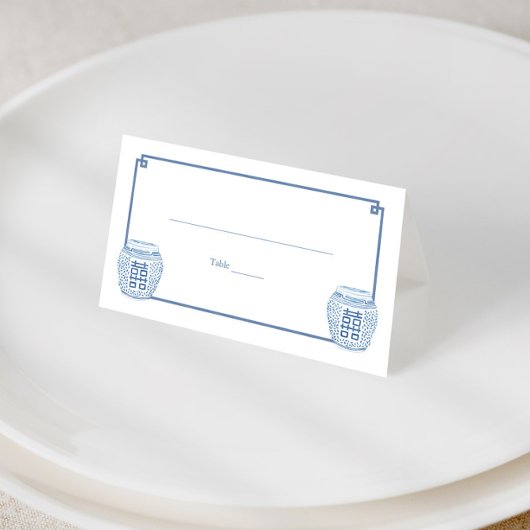 シックブルーとホワイトジンジャージャー結婚の瓶 プレイスカード