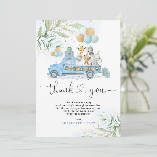 シックブルーの金ゴールド緑に野生のジャングルの赤ちゃん動物 サンキューカード (スタンド正面)