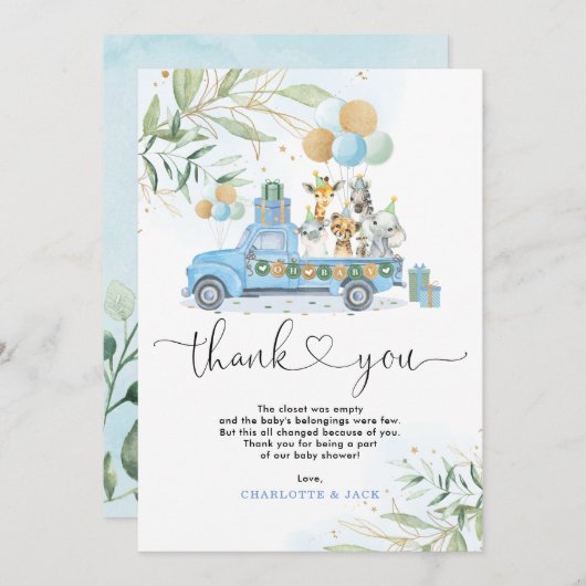 シックブルーの金ゴールド緑に野生のジャングルの赤ちゃん動物 サンキューカード (正面/裏面)