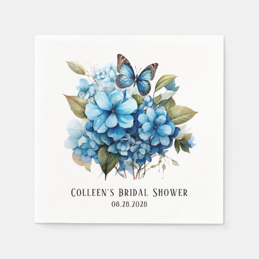 シックブルーアジランジェアフローラバタフライブライダルシャワー スタンダードカクテルナプキン (正面)