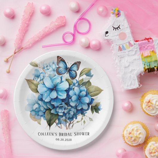 シックブルーアジランジェアフローラバタフライブライダルシャワー ペーパープレート (パーティー)