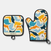 シックブルーアート抽象芸術モダンカスタム 鍋つかみ&鍋敷きセット (正面)