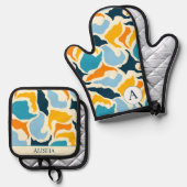 シックブルーアート抽象芸術モダンカスタム 鍋つかみ&鍋敷きセット (正面/裏面)