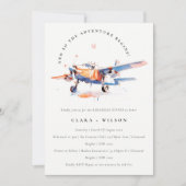 シックブルーオレンジ赤面エア飛行機リハーサルディナー 招待状 (正面)