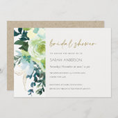 シックブルーグリーンフローラリーフブライダルシャワー招待状 サンキューカード (正面/裏面)