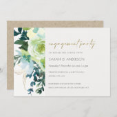 シックブルーグリーンフローラリーフ婚約招待状 サンキューカード (正面/裏面)