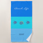シックブルーストライプの名貝と魚 ビーチタオル (正面)