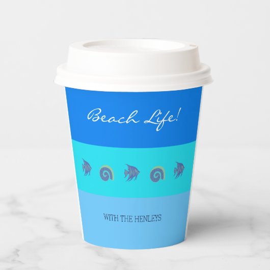 シックブルーストライプシーズフィッシュアンドシェルビーチハウス 紙コップ (正面)