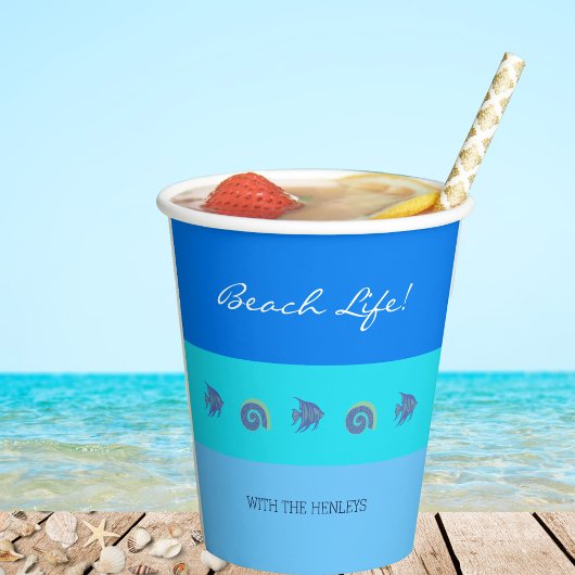 シックブルーストライプシーズフィッシュアンドシェルビーチハウス 紙コップ