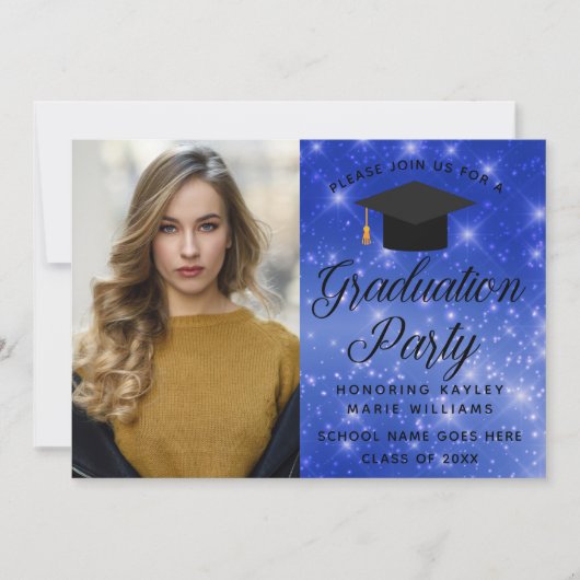 シックブルースパークル大学院写真卒業パーティー 招待状 (正面)