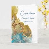 シックブルーターコイズ金ゴールド結婚抽象芸術 カード (黄色い花)