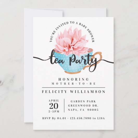 シックブルーティーカップティーパーティーベビーシャワー招待状 招待状 (正面)