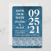 シックブルーデニムレースモダン日付を保存 招待状 (正面)