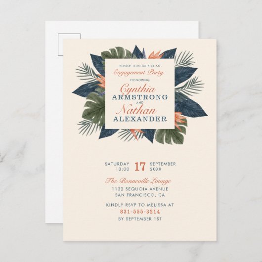 シックブルートロピカル葉ユニーク婚約パーティ インビテーションポストカード (正面/裏面)