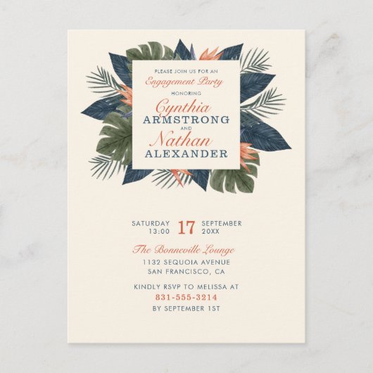 シックブルートロピカル葉ユニーク婚約パーティ インビテーションポストカード (正面)