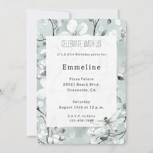 シックブルードラゴンフライドリームフローラ誕生日 招待状 (正面)