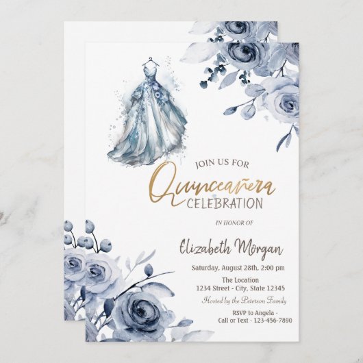 シックブルードレスブルーバラクインセアニラ 招待状 (正面/裏面)