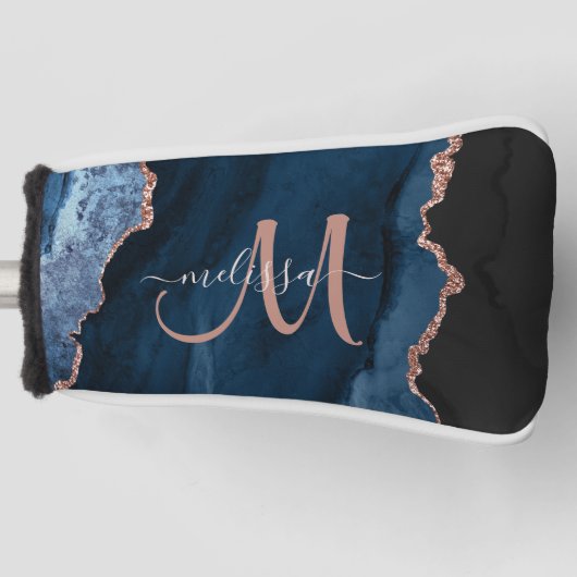 シックブルーバラ金ゴールドアゲートグリッターカスタムモノグラム ゴルフヘッドカバー (正面)