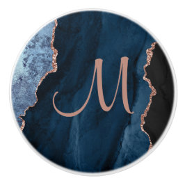 シックブルーバラ金ゴールドグリッターアゲートカスタムモノグラム セラミックノブ