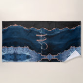 シックブルーバラ金ゴールドグリッターアゲートカスタムモノグラム ビーチタオル (正面)