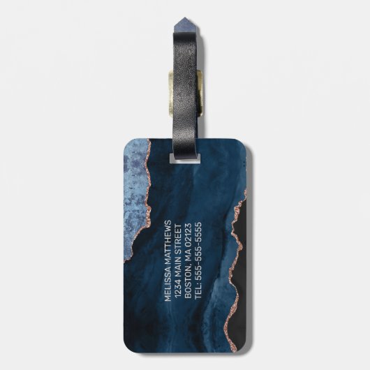 シックブルーバラ金ゴールドグリッターアゲートカスタムモノグラム ラゲッジタグ (裏面縦)