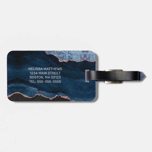 シックブルーバラ金ゴールドグリッターアゲートカスタムモノグラム ラゲッジタグ (裏面横)