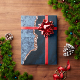 シックブルーバラ金ゴールドグリッターアゲートカスタムモノグラム ラッピングペーパー