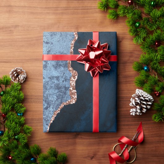 シックブルーバラ金ゴールドグリッターアゲートカスタムモノグラム ラッピングペーパー (クリスマスギフト)