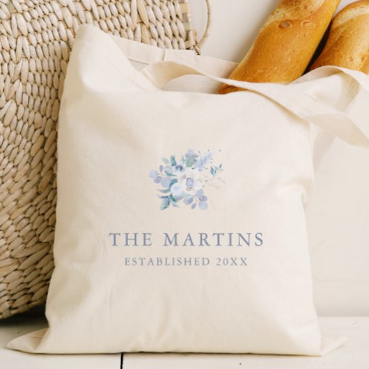 シックブルーパーソナライズされたフローラ名結婚の数 トートバッグ