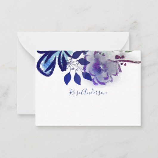 シックブルーパープルフローラタイポグラフィ ノートカード (正面)