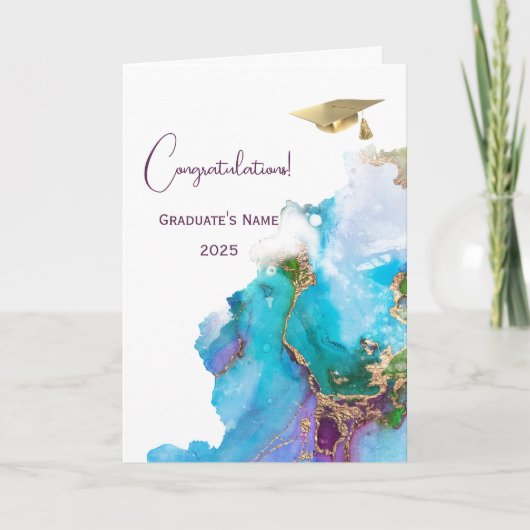 シックブルーパープル金ゴールド抽象芸術卒業 カード (正面)