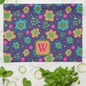 シックブルーフローラカラフルモノグラムイニシャル キッチンタオル (折り畳み)