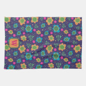 シックブルーフローラカラフルモノグラムイニシャル キッチンタオル (横)