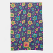シックブルーフローラカラフルモノグラムイニシャル キッチンタオル (縦)