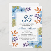 シックブルーフローラグリーナリーニーエージ誕生日 招待状 (正面/裏面)